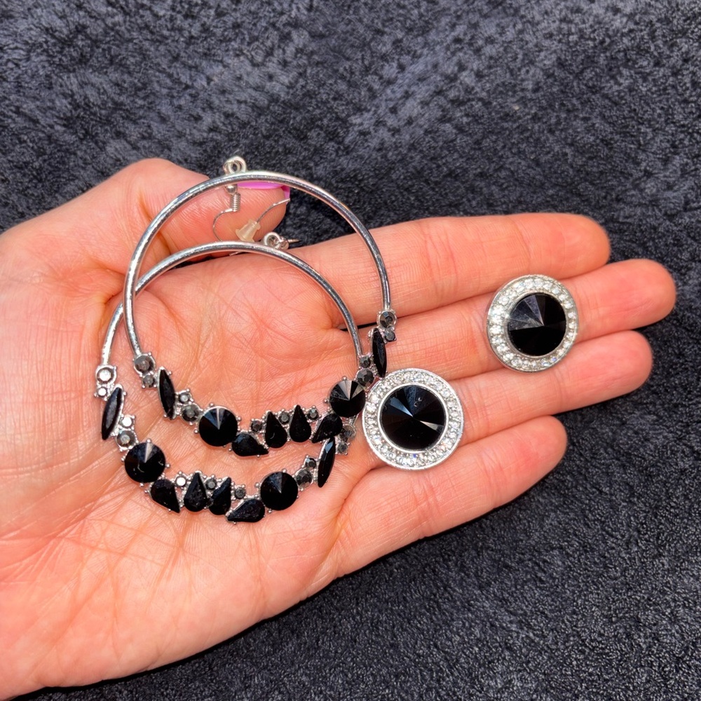 Silver Hoop Earrings and Stud Set with Black Gem Accents